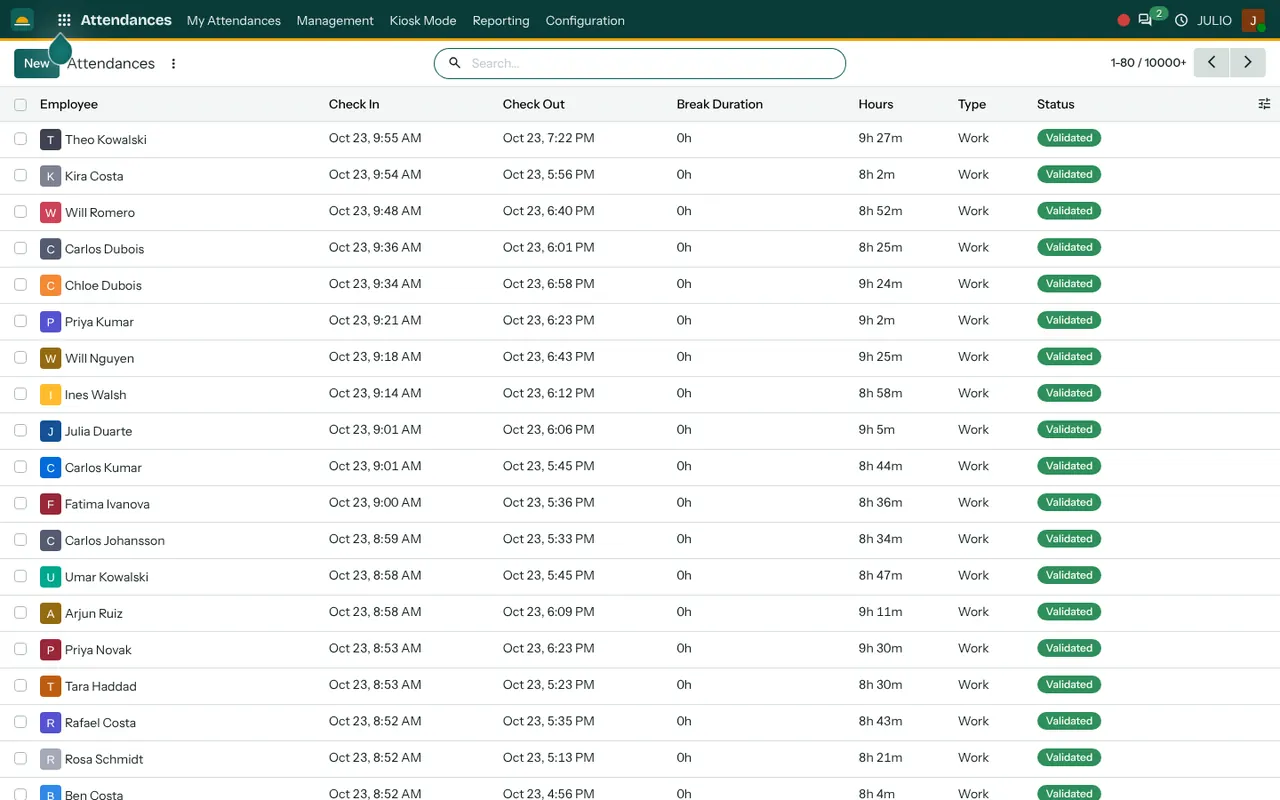 Attendance check-ins and hours in the Attendances module of JULIO ERP