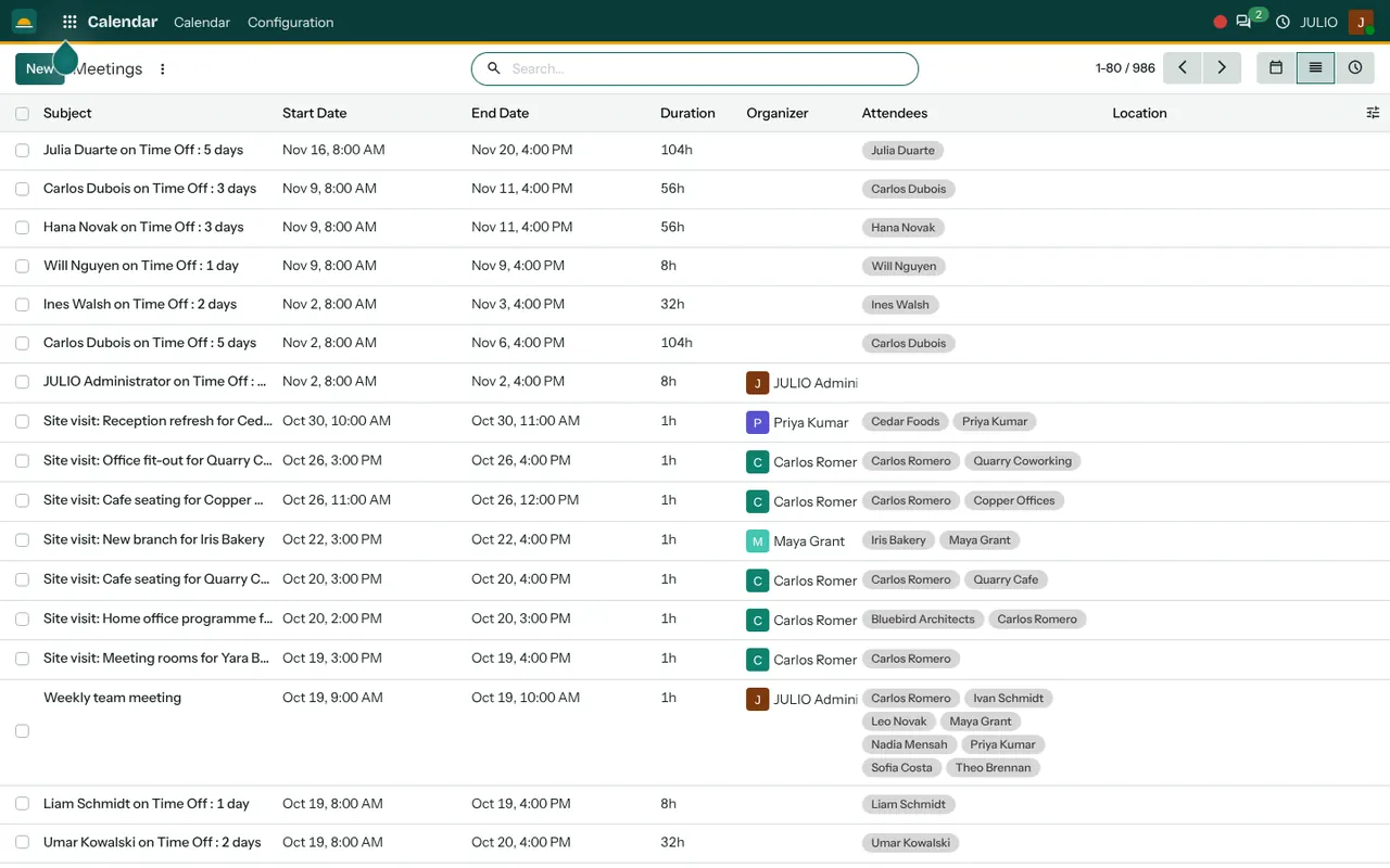 The shared calendar in the Calendar module of JULIO ERP