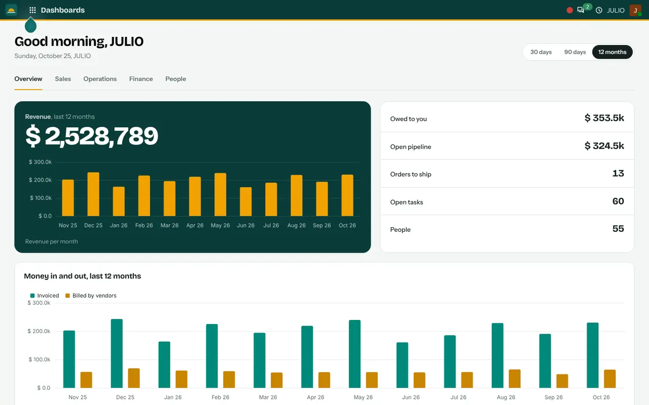 The overview dashboard in the Dashboards module of JULIO ERP