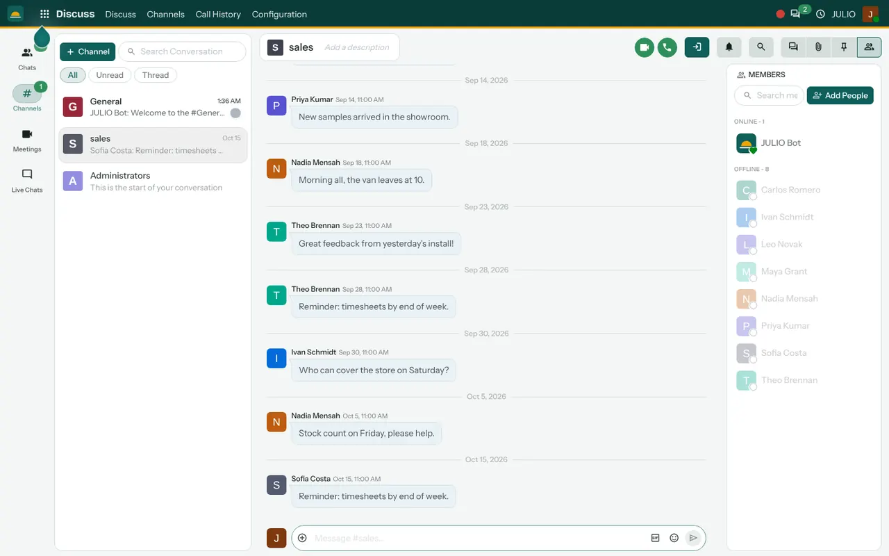 Discuss channels for team chat in the Discuss module of JULIO ERP