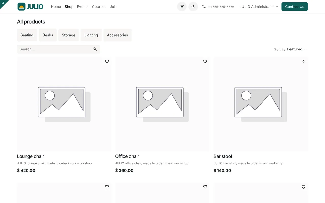 The online shop, selling from live stock in the E-commerce module of JULIO ERP