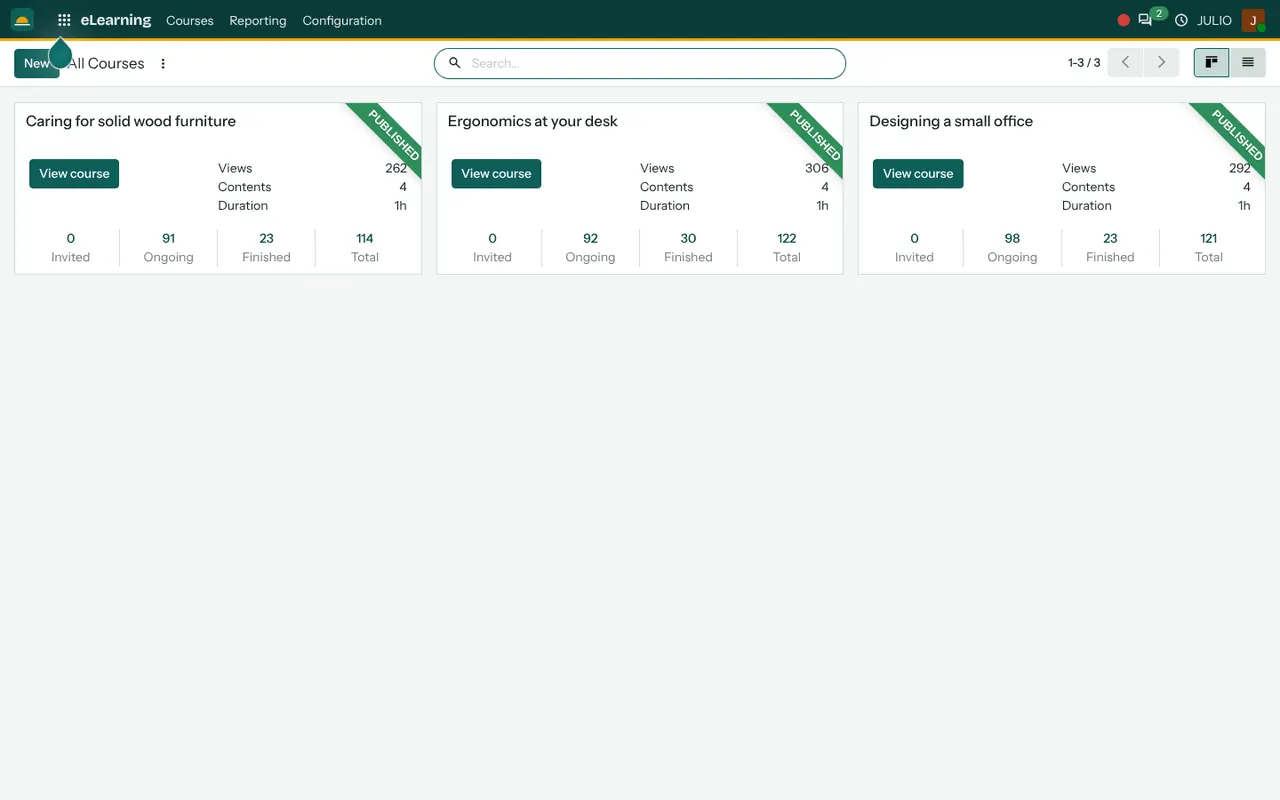 eLearning courses in the eLearning module of JULIO ERP