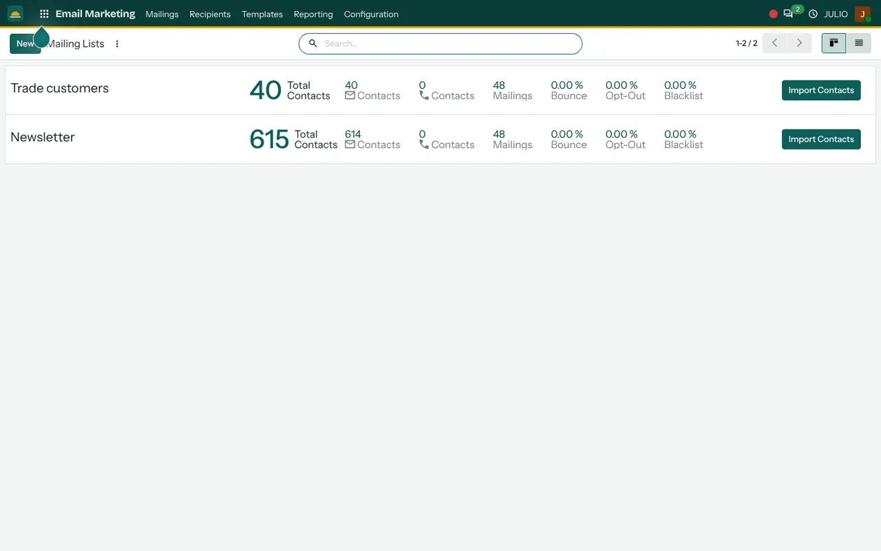 Mailing lists in the Email Marketing module of JULIO ERP
