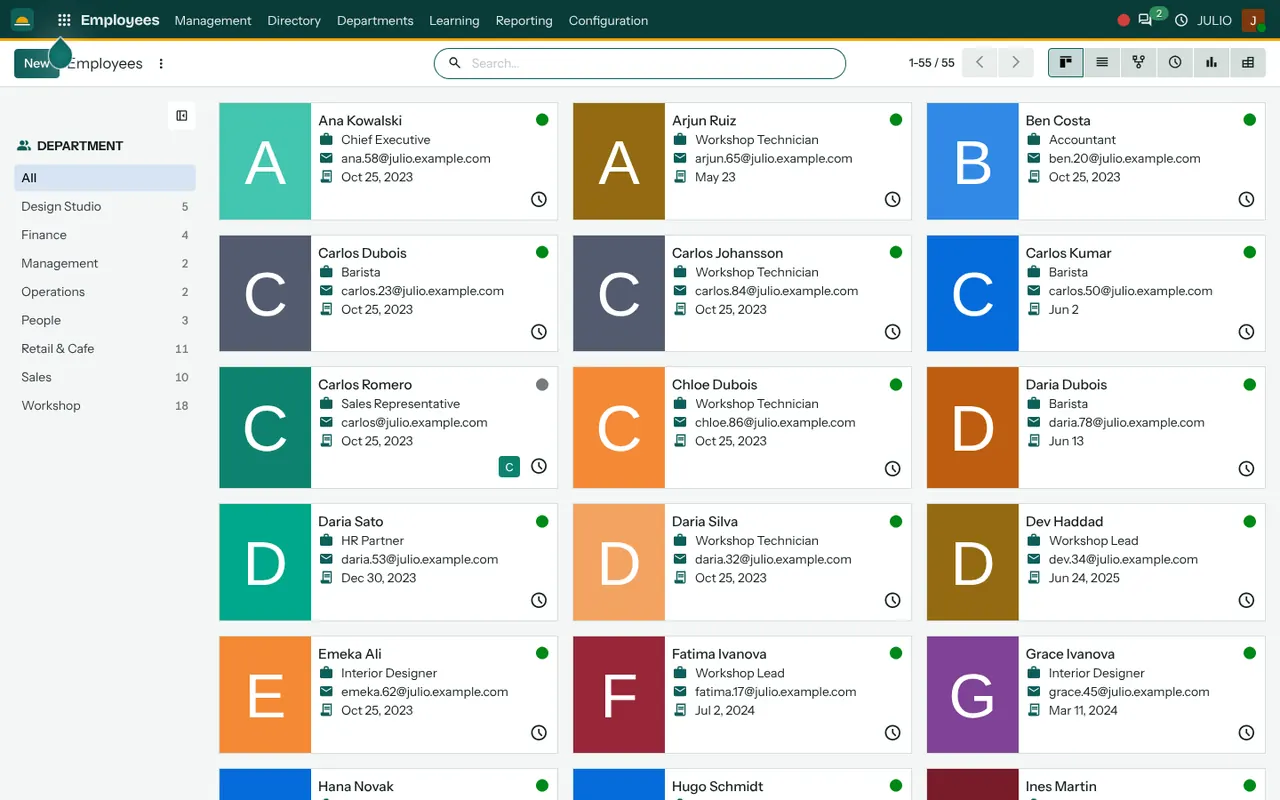 The employee directory in the Employees module of JULIO ERP