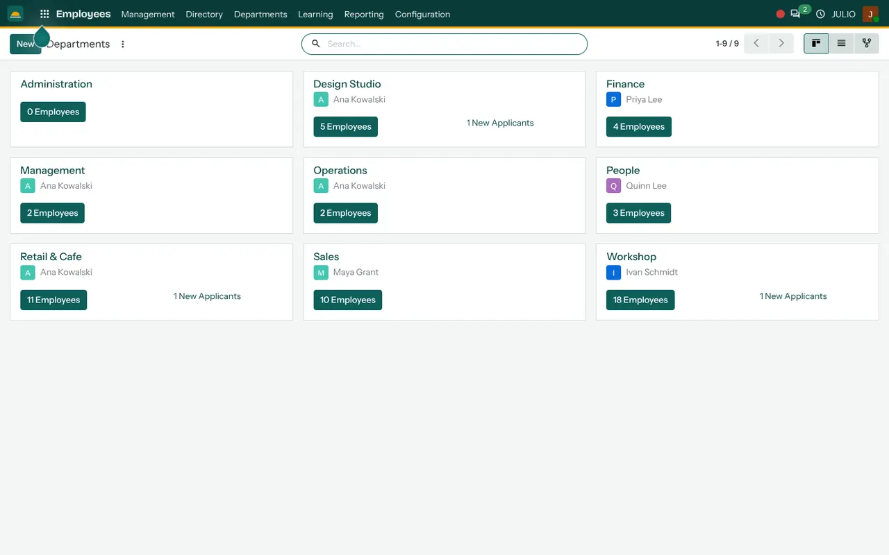 Departments in the Employees module of JULIO ERP