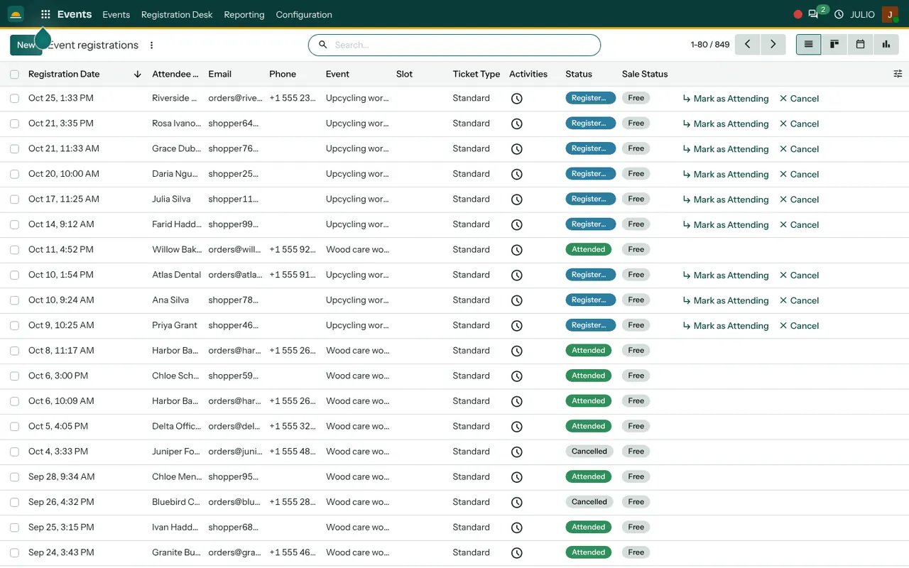 Event registrations in the Events module of JULIO ERP