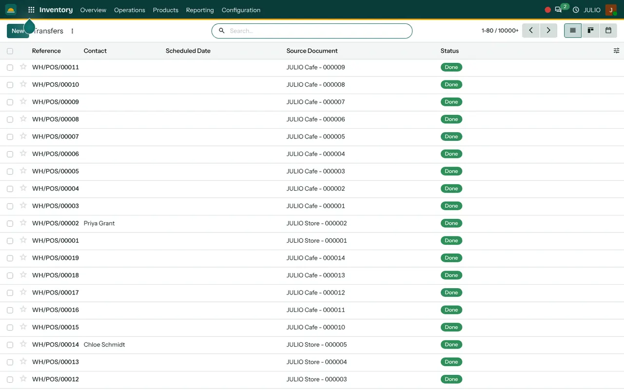 Stock transfers between locations in the Inventory module of JULIO ERP