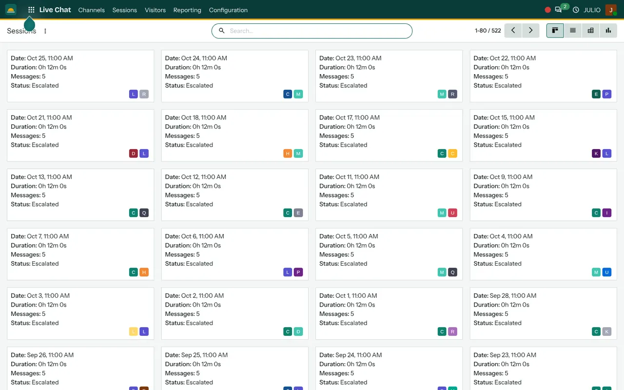 Live chat conversations with website visitors in the Live Chat module of JULIO ERP