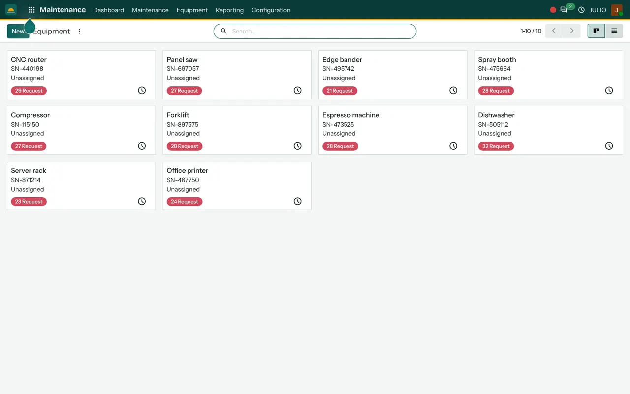 The equipment list in the Maintenance module of JULIO ERP
