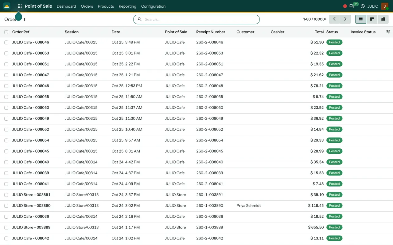 The list of point of sale orders in the Point of Sale module of JULIO ERP