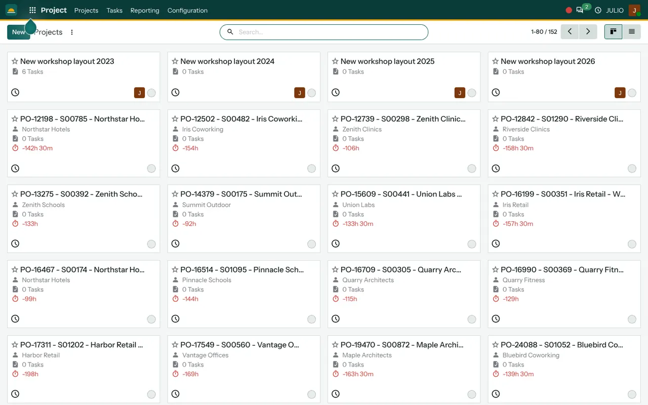 The projects overview in the Project module of JULIO ERP