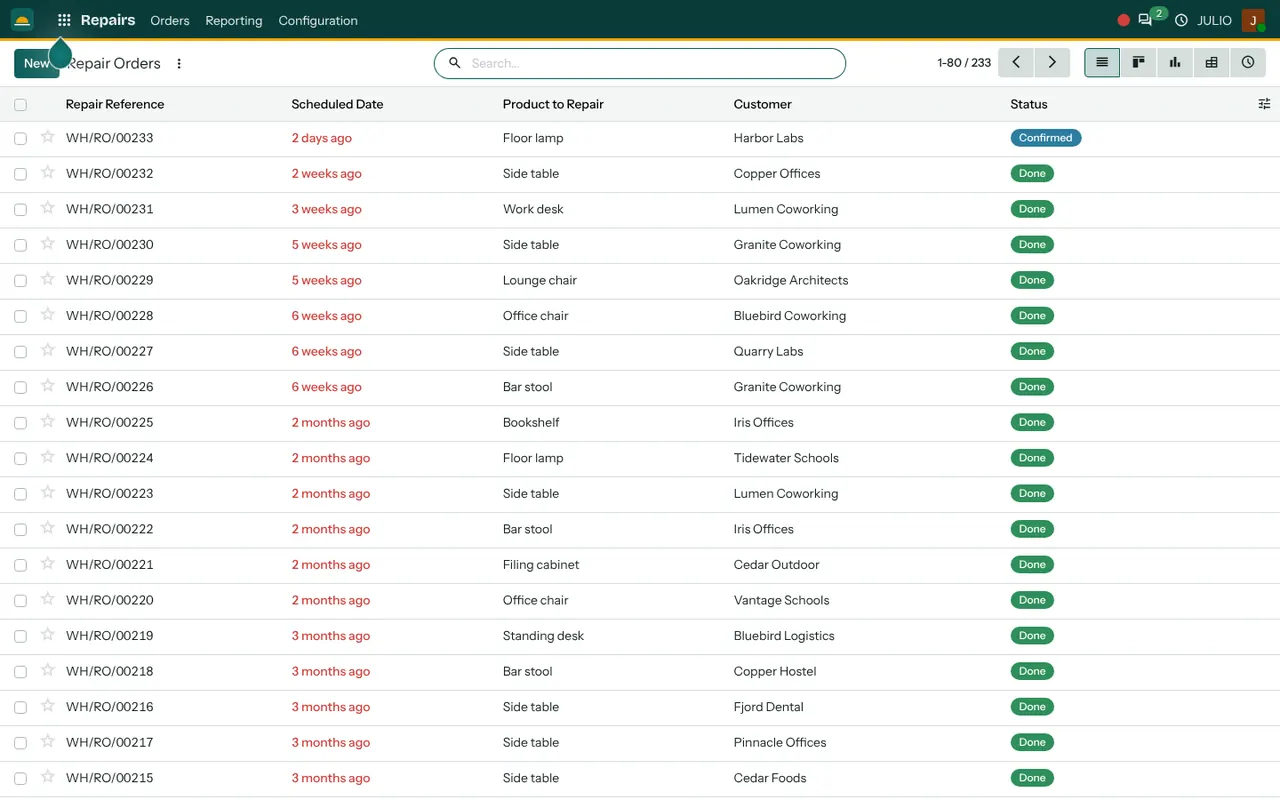Repair orders in the Repairs module of JULIO ERP