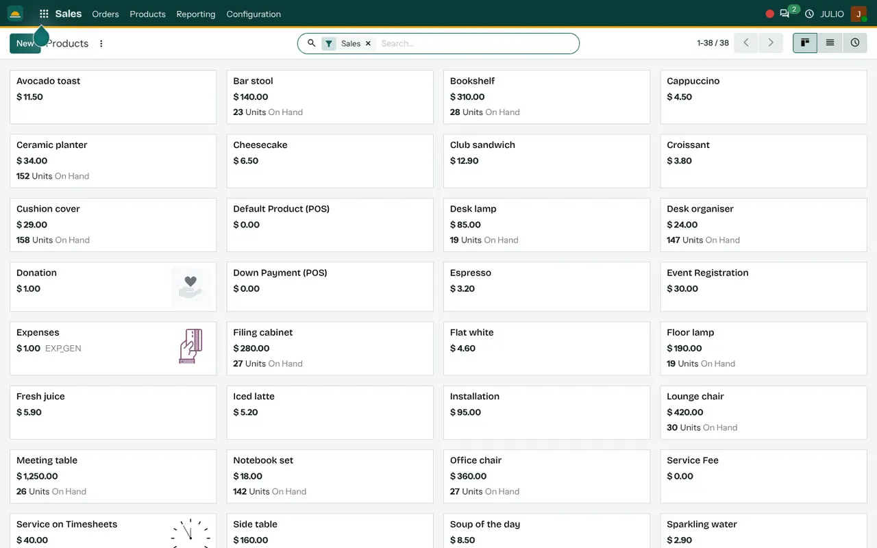 The product catalogue in the Sales module of JULIO ERP