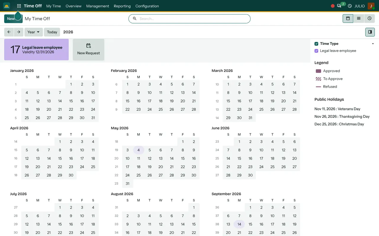 Time off requests in the Time Off module of JULIO ERP