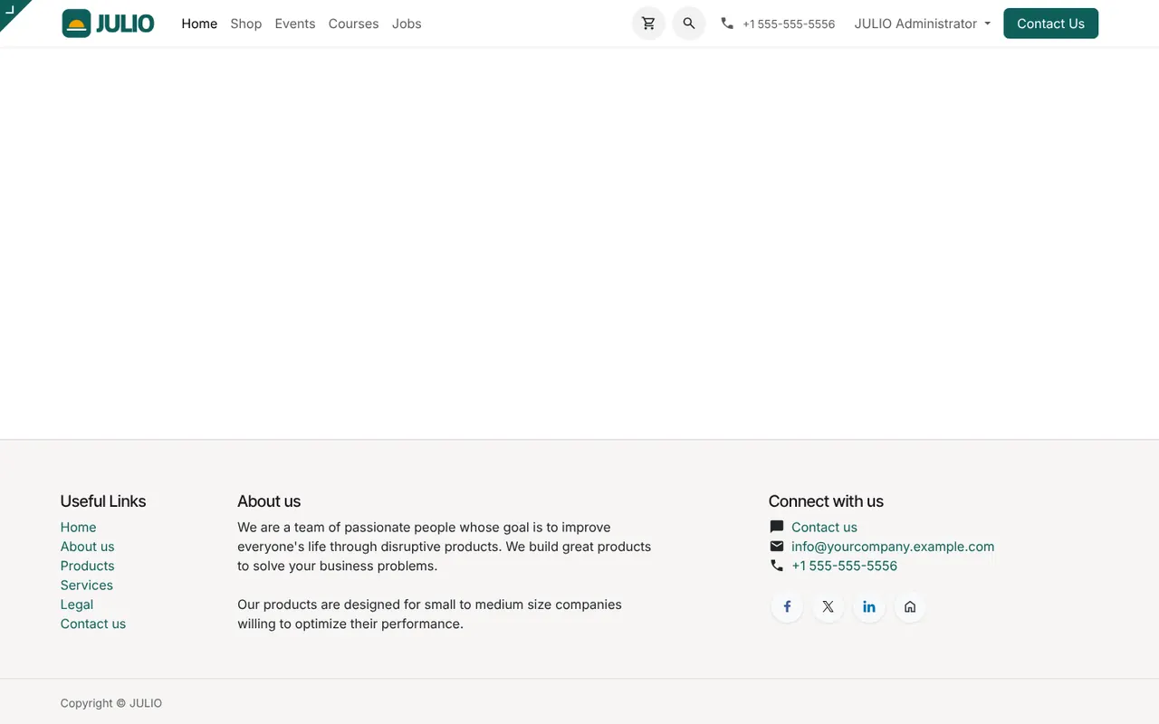 The built-in company website home page in the Website module of JULIO ERP