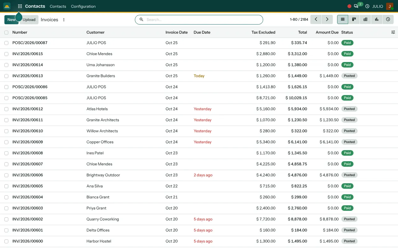 Customer invoices in the Invoicing module of JULIO ERP