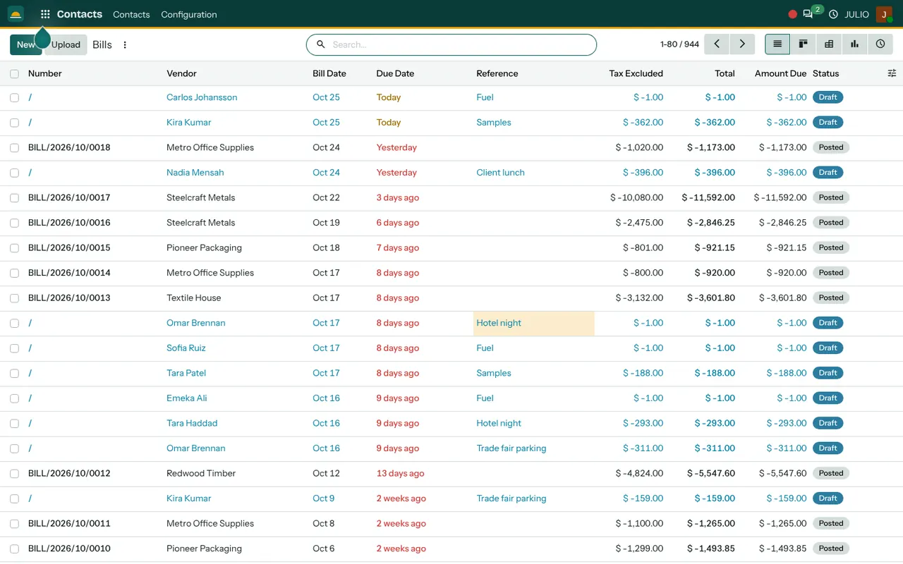 Vendor bills in the Invoicing module of JULIO ERP
