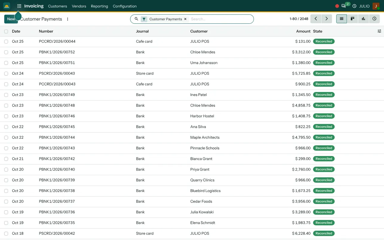 Payments in the Invoicing module of JULIO ERP