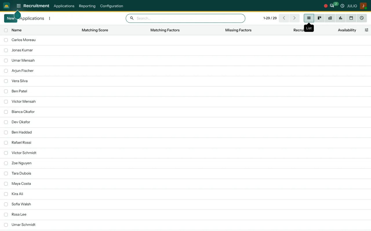 Job applicants in the Recruitment module of JULIO ERP