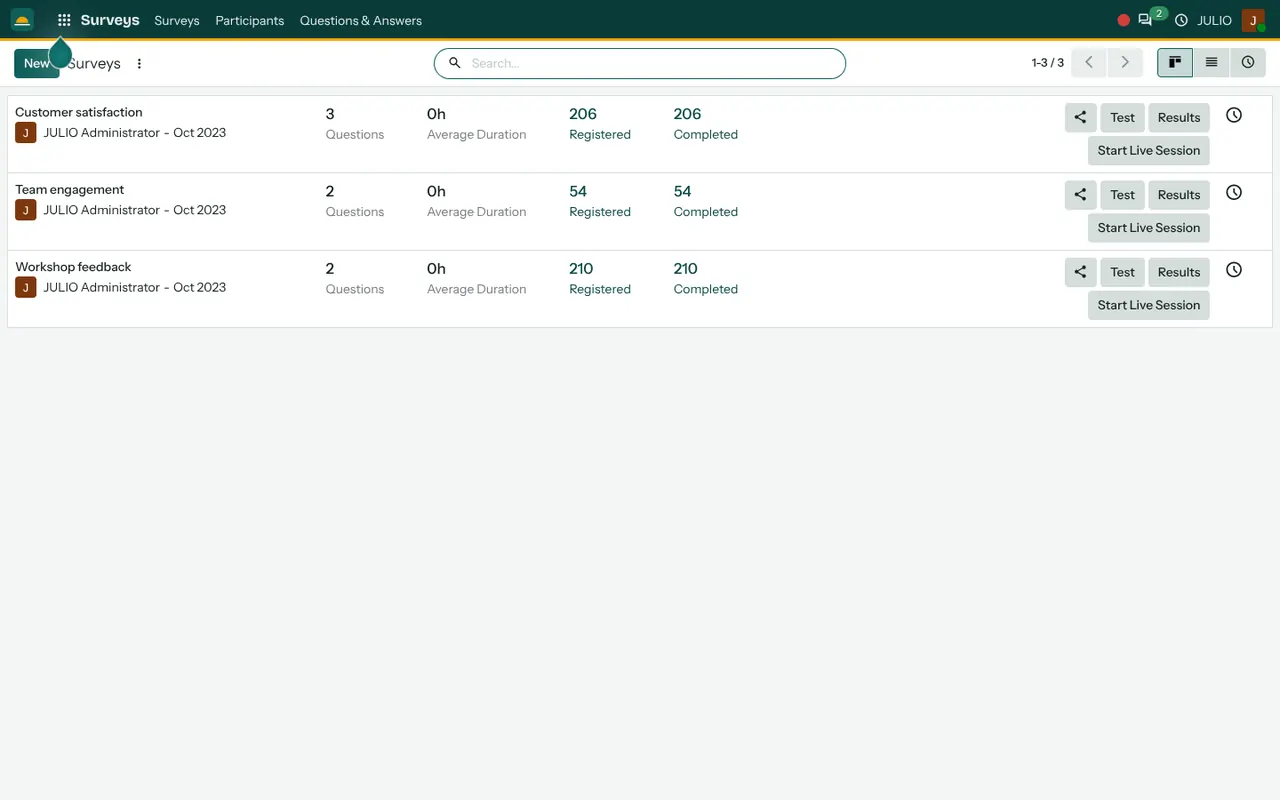 Surveys and forms in the Surveys module of JULIO ERP